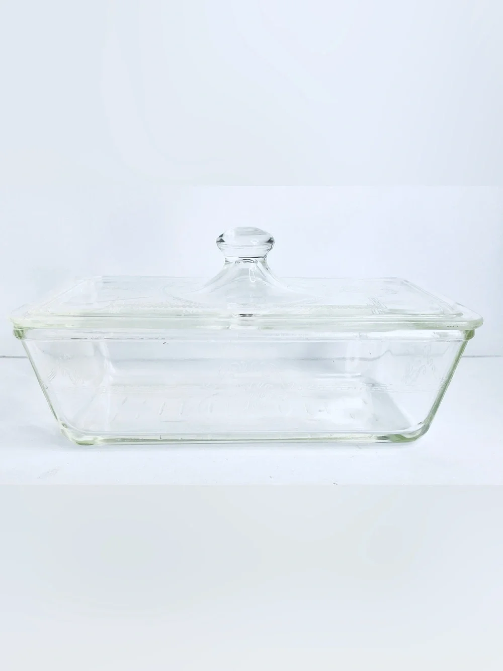 Vintage Glasbake 254 Refrigerator Dish Clear Glass Embossed Lid 1.5 Qt USA
